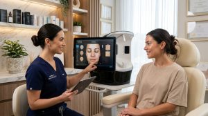 A professional med spa consultation scene with a skincare specialist analyzing a patient’s skin using advanced digital technology